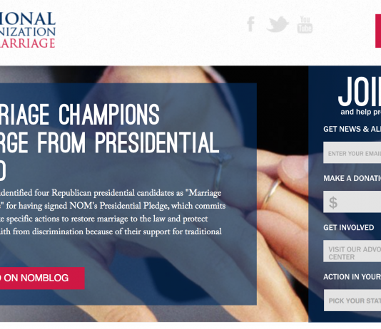 Screen capture from National Organization for Marriage (NOM) homepage, Aug. 30, 2015