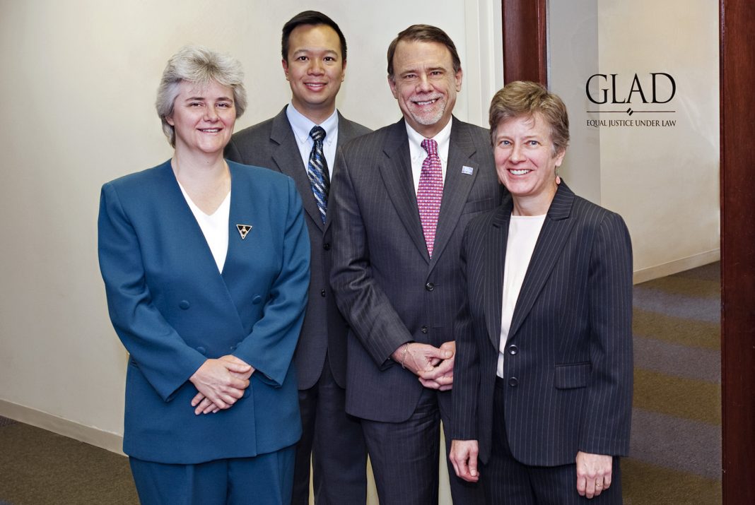 2015 photo of [from left] Vicky Henry, [former GLAD exec. dir.] Janson Wu,Gary Buseck,Mary Bonauto,GLAD,Massachusetts Appeals Court confirmation, 2015