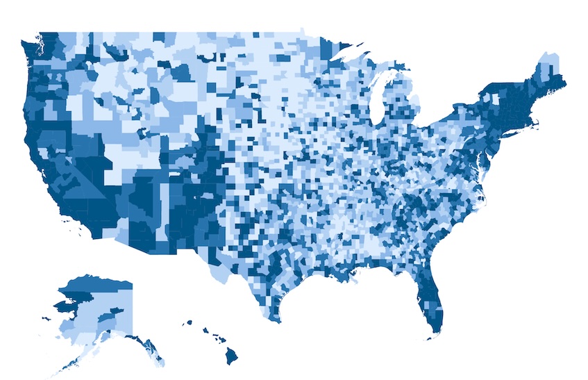 Same-sex couples per household (darker shades = more). Photo Williams Institute